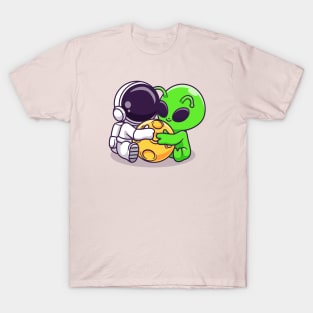 Cute Astronaut And Alien Hug Moon Cartoon T-Shirt